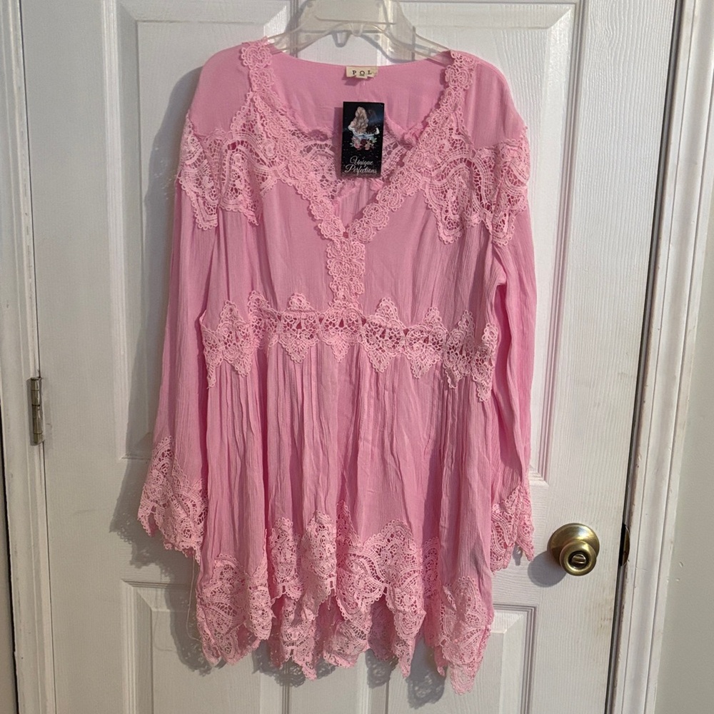 New POL Crochet Lace Trim Pink Tunic Top-Fairy Core Fairycore Medium